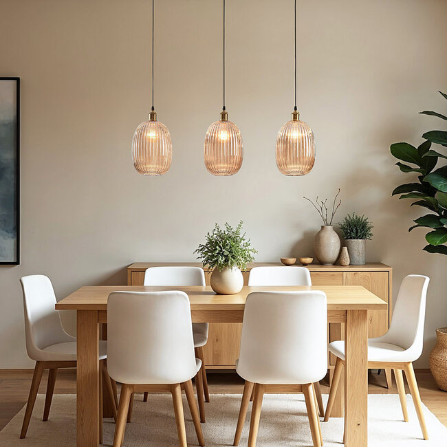 Erin 3-light pendant light with ribbed amber glass
