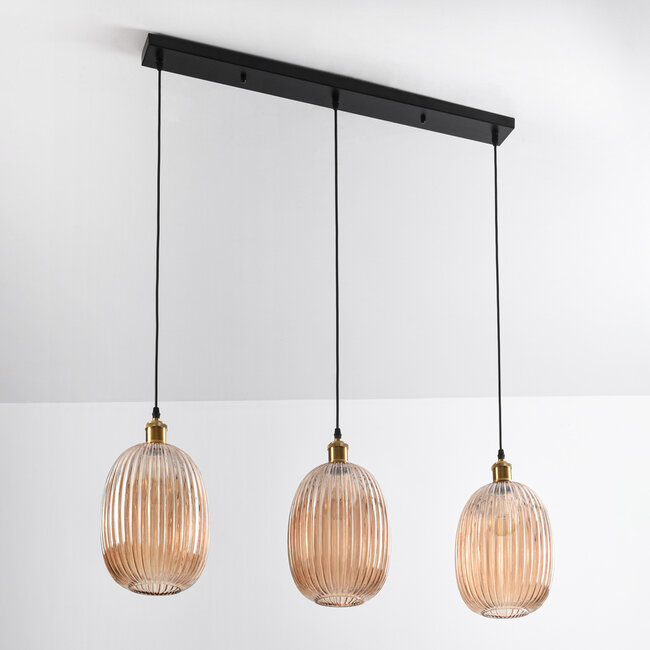 Erin pendant lamp in ribbed Amber glass, 3-light