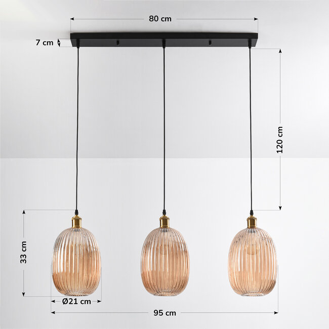 Erin pendant lamp in ribbed Amber glass, 3-light