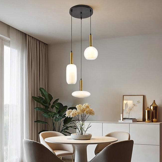 Pendant light Dennis with opal white glass, 3-light