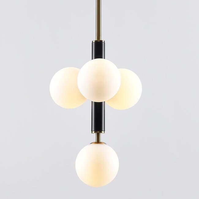 4-light pendant light Lennard with opal glass globes - black