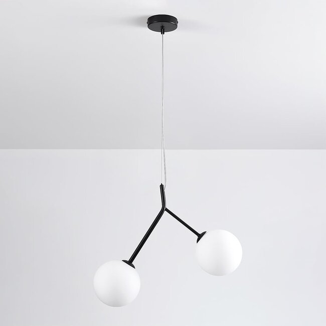 Asymmetric 2-light pendant light Dexter with glass globes