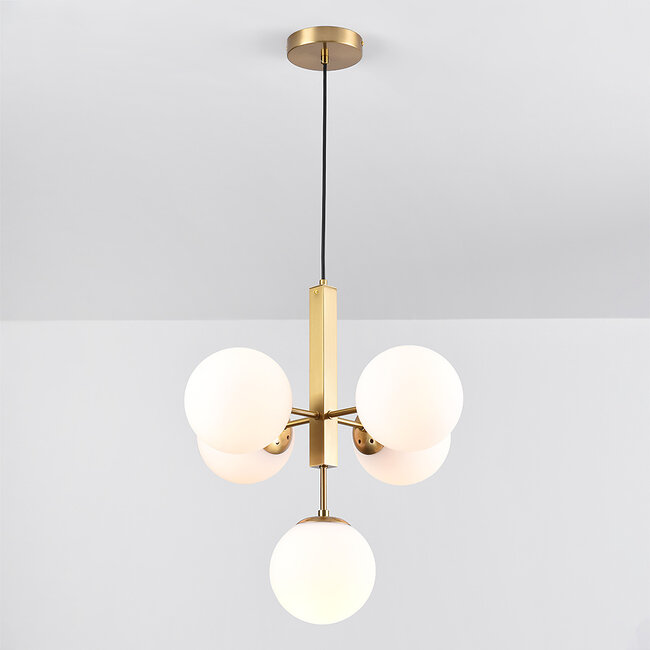 Modern 5-light pendant light Kenji with glass globes - gold