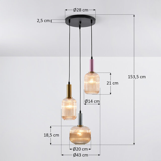 3-light pendant lamp with ribbed glass - Amelia