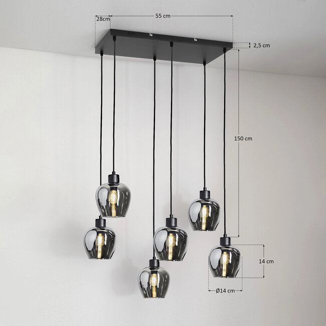 6-light pendant lamp with smoked glass - Arvada