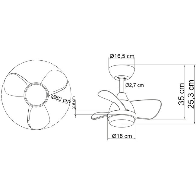 Compact ceiling fan Vietor incl. LED and remote control - black with dark brown