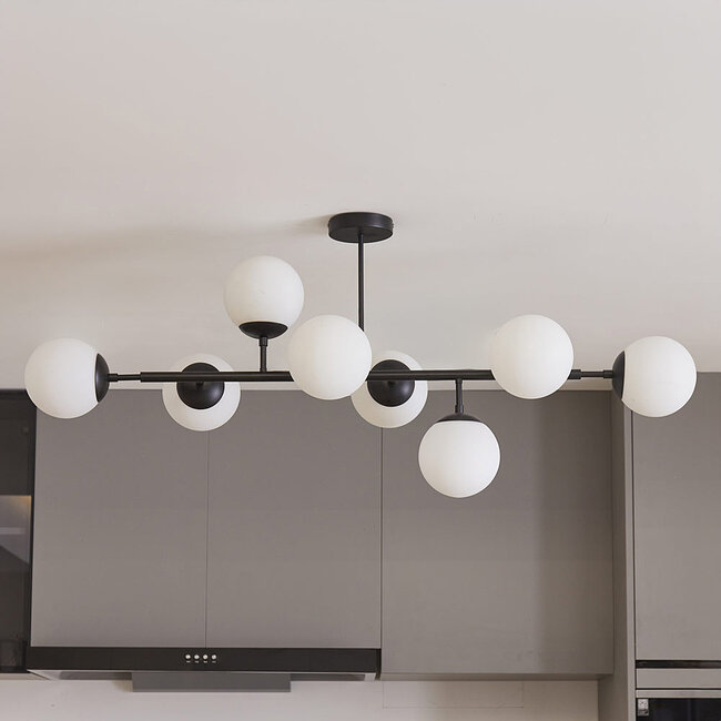 8-light ceiling light Osem - black with milk-white glass globes