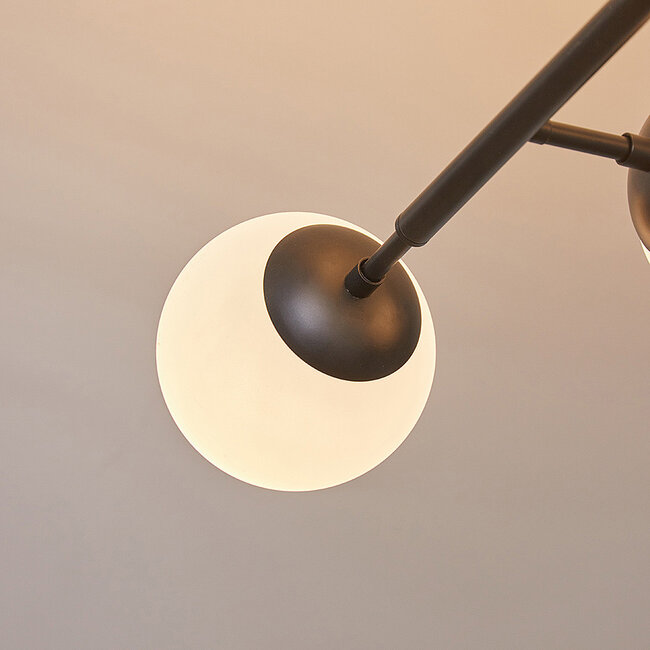 8-light ceiling light Osem - black with milk-white glass globes
