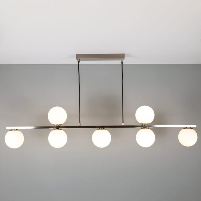 7-light pendant light Syv - milk-white glass globes
