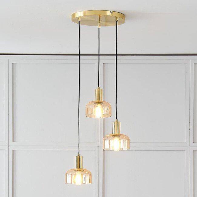 Golden pendant lamp with Amber glass, 3-light - Marrom