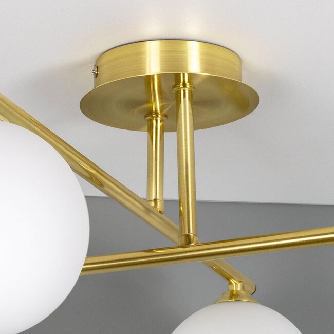 4-light ceiling light Nymo - gold with milk-white glass globes