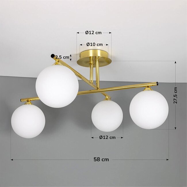 4-light ceiling light Nymo - gold with milk-white glass globes
