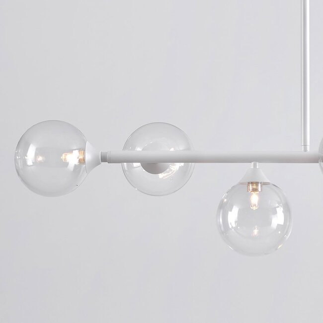 6-light pendant light Aster - white frame with clear glass globes