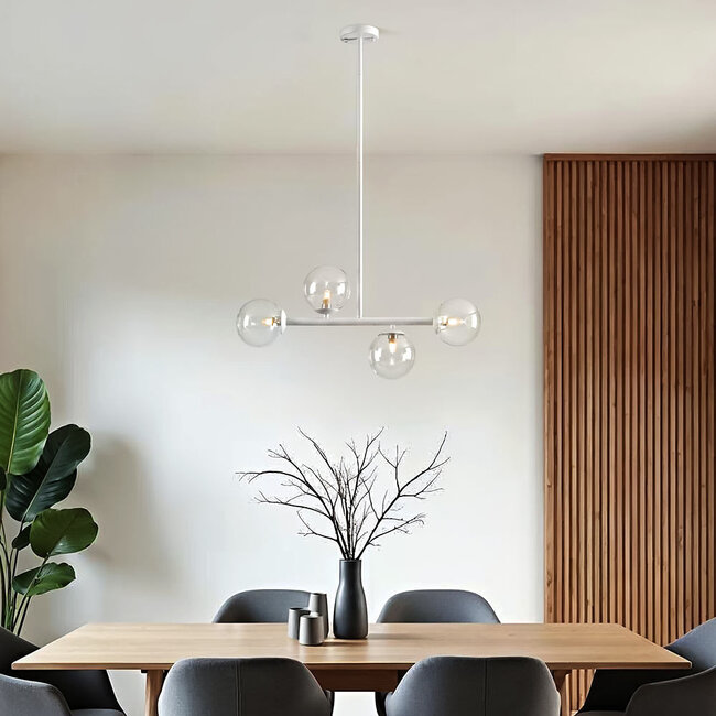 Asun pendant lamp with white frame and transparent glass spheres