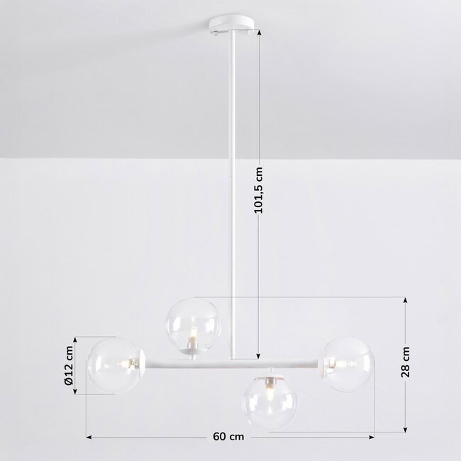 4-light pendant light Asun - white frame with clear glass globes