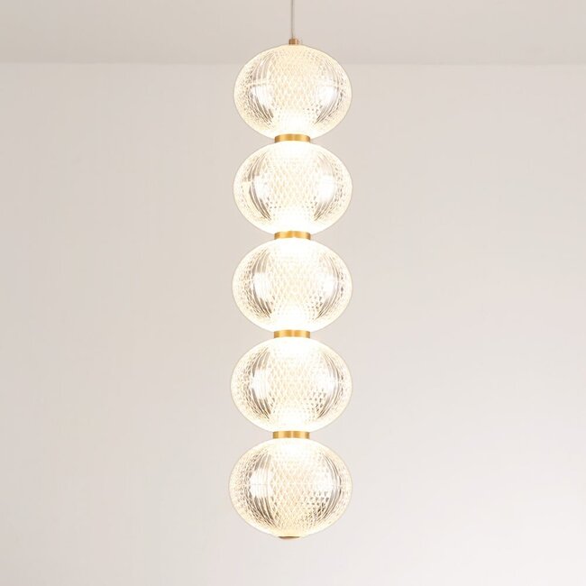 5-light pendant light Aella - white globes with gold rims and integrated LED