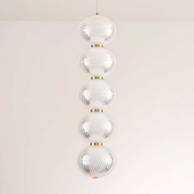 5-light pendant light Aella - white globes with gold rims and integrated LED