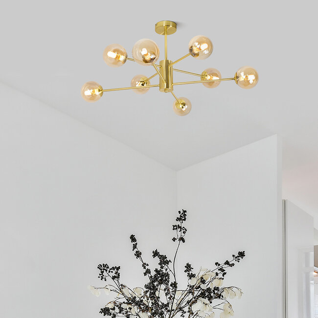 Designer sand gold ceiling lamp with Amber glass - 8-light Idaho