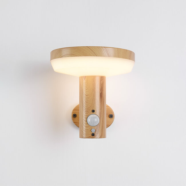 Modern solar outdoor wall light in wood effect with sensor - Dimmy