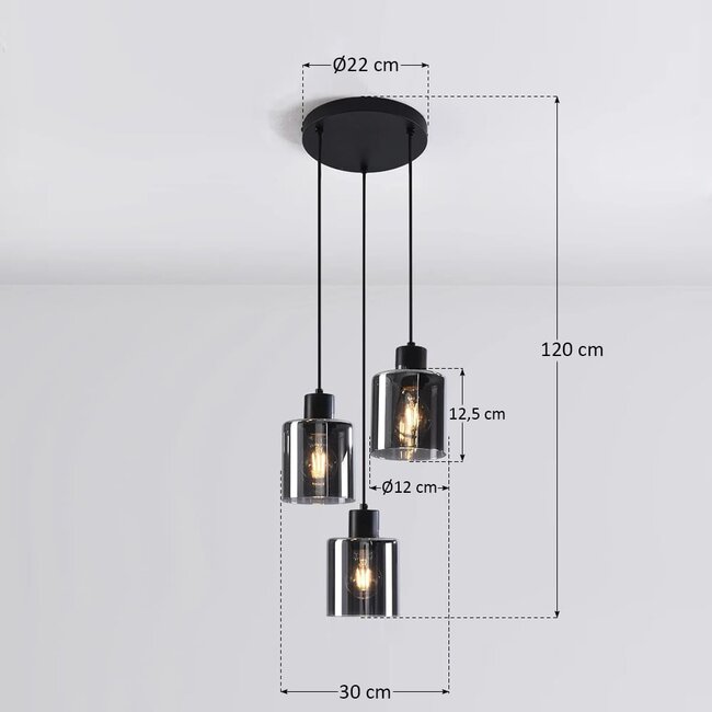3-light pendant light Pella - smoked glass and black