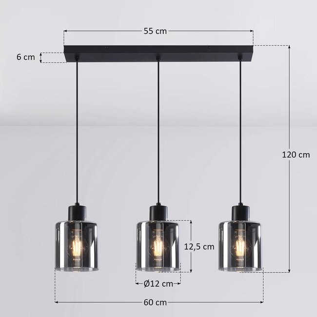 Black Palaio pendant lamp with smoked glass, 3-light