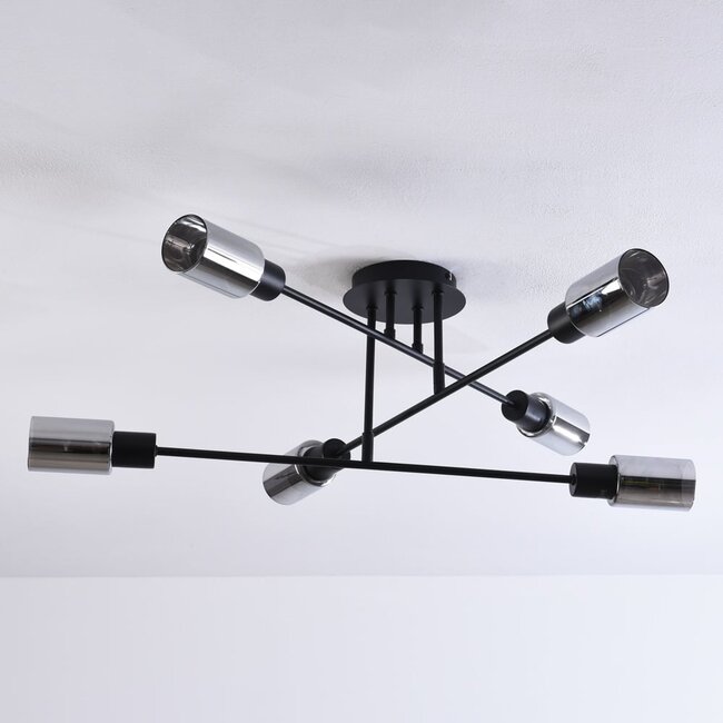 Black Agios ceiling lamp with smoked glass, 6-light