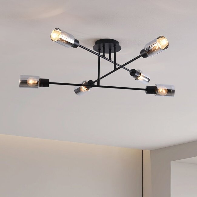 Black Agios ceiling lamp with smoked glass, 6-light