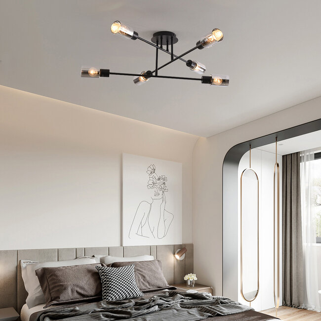 Black Agios ceiling lamp with smoked glass, 6-light