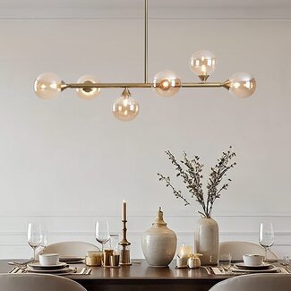 6-light pendant light Aster - gold with amber glass globes
