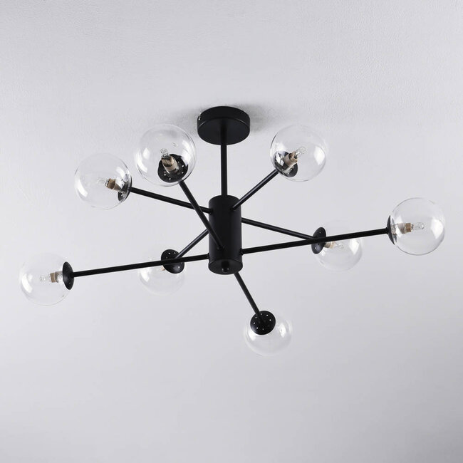 8-light ceiling light Idaho - black with clear glass globes