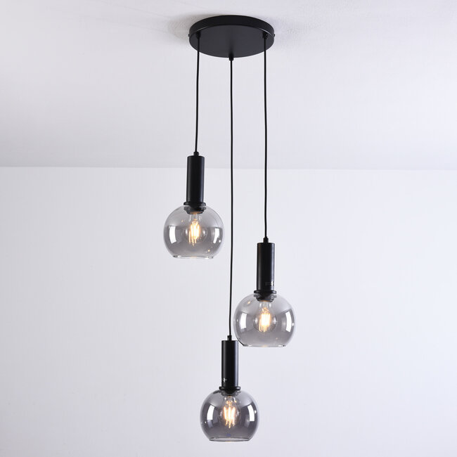 Black pendant lamp with smoked glass, 3-light - Imme