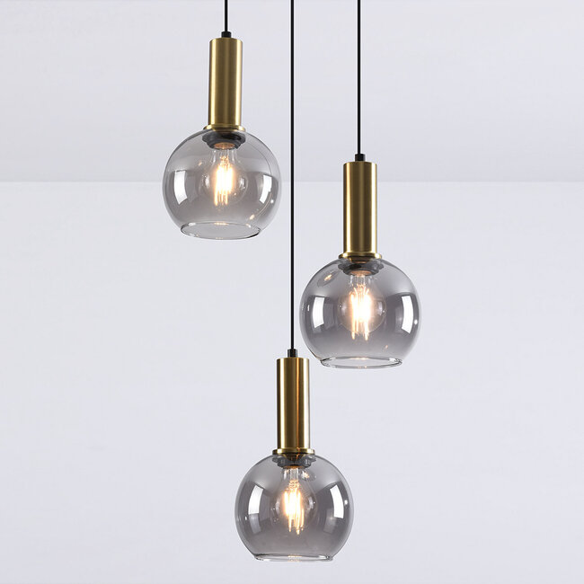 Pendant light Imme with smoked glass, 3-light - gold