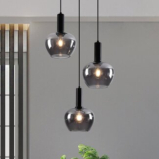 Modern Ismay pendant lamp with smoked glass, 3-light - black