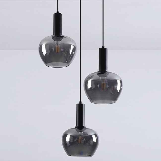 Modern Ismay pendant lamp with smoked glass, 3-light - black