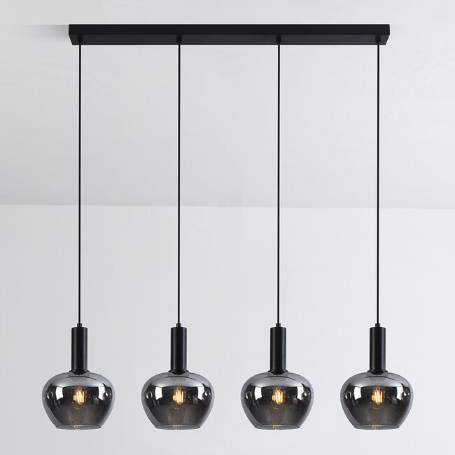 4-light pendant light Ilvy - apple-shaped smoked glass, black elongated