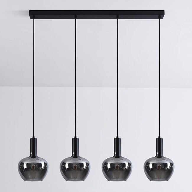 4-light pendant light Ilvy - apple-shaped smoked glass, black elongated