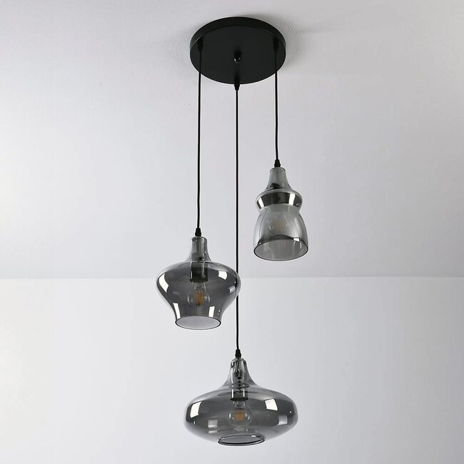 Black pendant lamp with smoked glass, 3-light - Trinidad