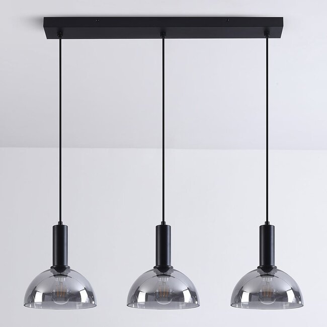 Black pendant lamp with smoked glass, 3-light - Filiz