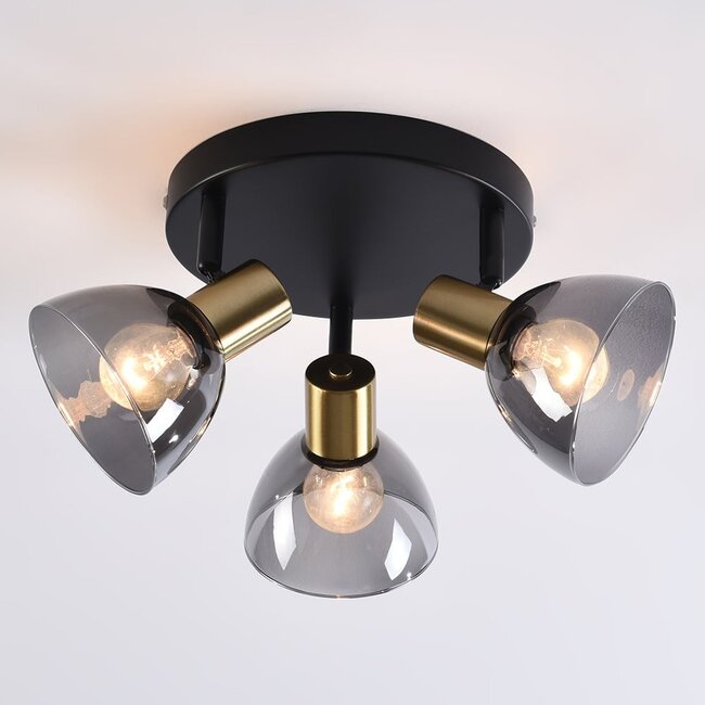 3-light ceiling spotlight Kyam - smoked glass and brass gold