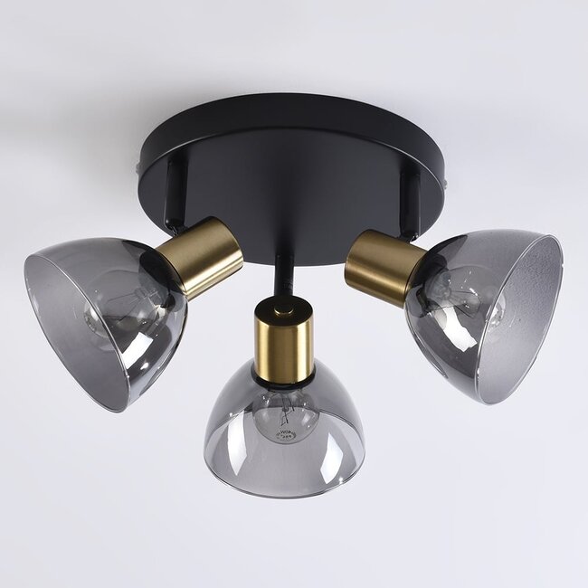 3-light ceiling spotlight Kyam - smoked glass and brass gold