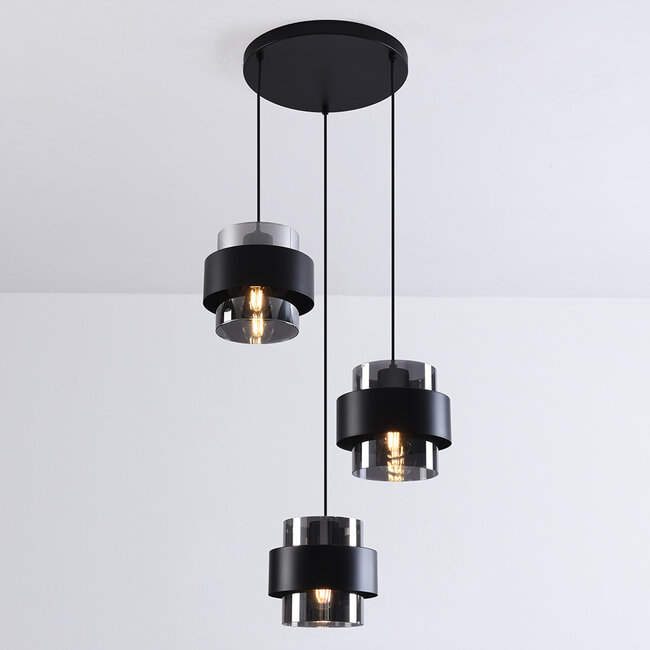 Black Fynna pendant lamp with smoked glass, 3-light