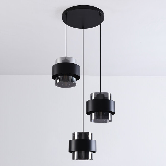 3-light pendant light Fynna - smoked glass and black tiered