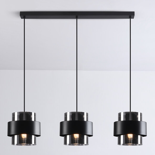 3-light pendant light Faey - smoked glass and black elongated