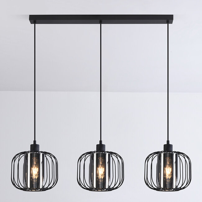 3-light pendant light Dilan - smoked glass with metal slats