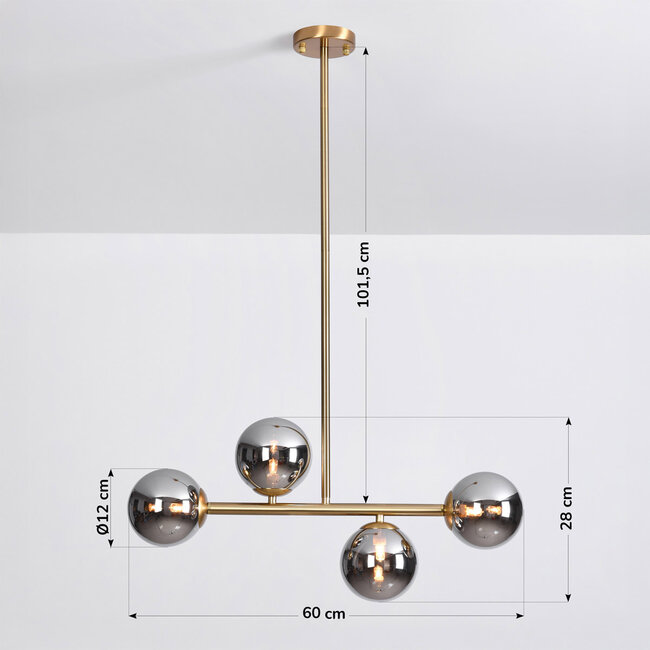 Asun pendant lamp with Golden frame and smoked glass spheres with Mirror effect