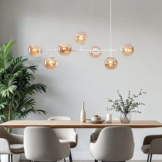 Designer pendant lighting with white frame and amber glass spheres - Hepta