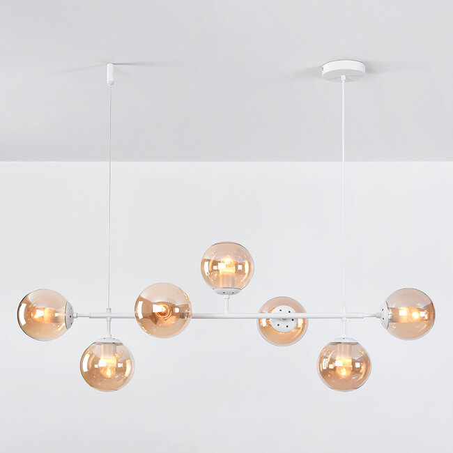 7-light pendant light Hepta - amber glass and white