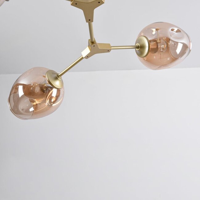 5-light pendant light Thelma - amber glass and gold