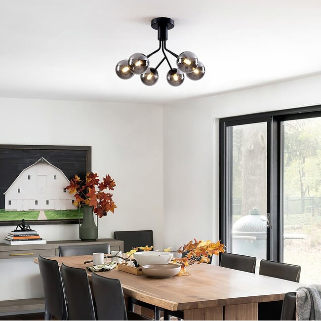 Black ceiling lamp with smoked glass and mirror effect, 6-light - Leon