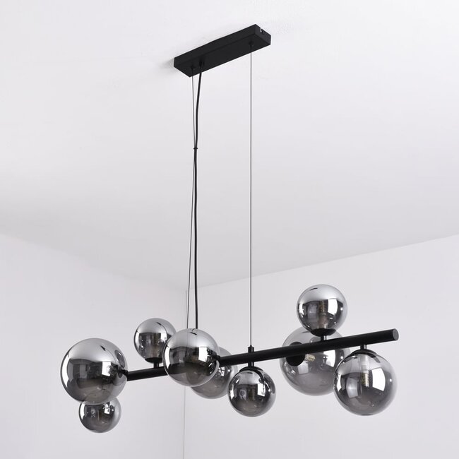 9-light pendant light Ennea - mirrored smoked glass and black